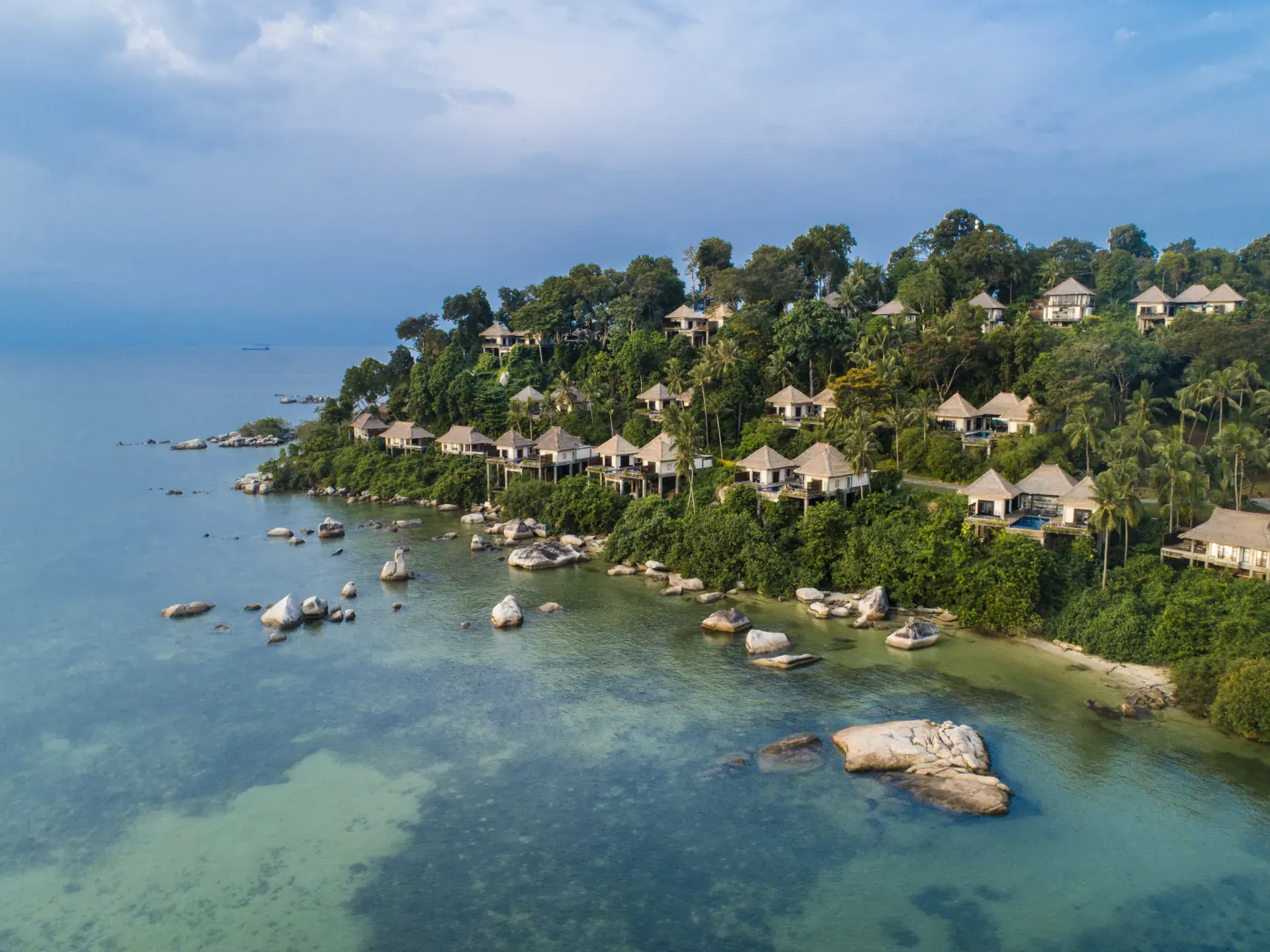 Aerial view of Banyan Tree Bintan resort and coastline